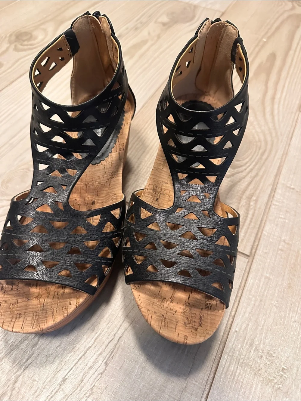 BareTraps Black Laser-Cut Wedge Sandals